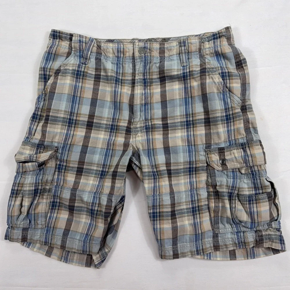 Levis Cargo Shorts Plaid Cotton Multi-Pocket Outdoor Casual‎ Size 36 Blue Brown